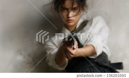 young Asian girl holding a pistol gun young Asian girl holding a pistol gun 136201093