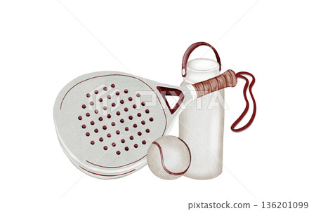 Paddle tennis racket, bottle and ball watercolor illustration. Clip art of sports equipment. Racket backpack. Ideal for brochures, banners, and booklets for squash or badminton. 136201099