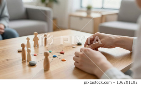 family constellations therapist's hands with small wooden figurines 136201192