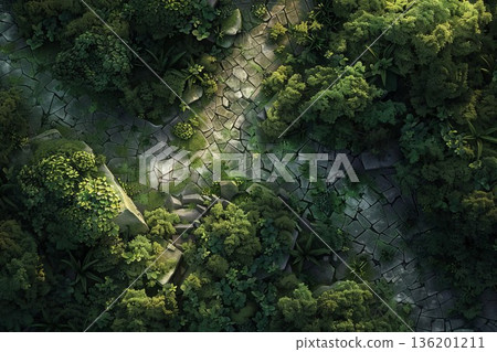 Forest battlemap for DND features dense greenery and broken path. Great for fantasy games, it offers a misty forest backdrop for epic tales. 136201211