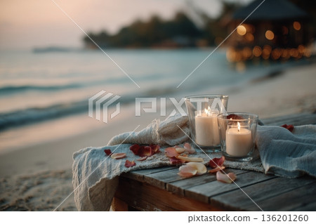 calm ocean at sunset glowing neon text Happy Valentine's Day 136201260