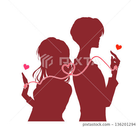 Silhouette of a man and woman standing back to back, bound by the red thread of fate Silhouette of a man and woman standing back to back, bound by the red thread of fate 136201294