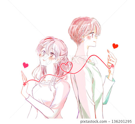 A man and a woman, back to back, bound together by the red thread of fate. A man and a woman, back to back, bound together by the red thread of fate. 136201295