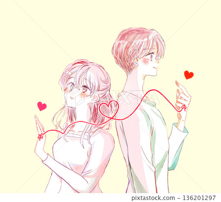 一男一女，背靠背，被命運的紅線緊緊相連。 136201297