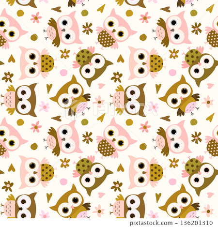 Cute pink, gold brown owls vector seamless pattern in simple flat style for designs for kids and babies 136201310