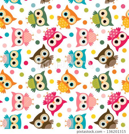 Cute colorful bird seamless pattern with owls and dots for kids stationery designs and clothing Cute colorful bird seamless pattern with owls and dots for kids stationery designs and clothing 136201315