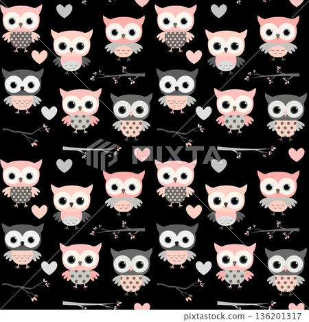 Cute seamless pattern with pink and grey owl characters on black background Cute seamless pattern with pink and grey owl characters on black background 136201317
