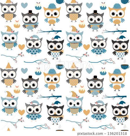 Cute vector Christmas and winter seamless pattern with fun owls with hats and scarves in blue, gold and grey colors Cute vector Christmas and winter seamless pattern with fun owls with hats and scarves in blue, gold and grey colors 136201318