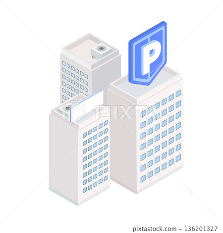 辦公大樓和停車場等距視圖（城市和城市發展） 136201327