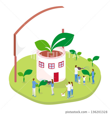 環保房屋的等距插圖（綠化、生態、養護） 136201328