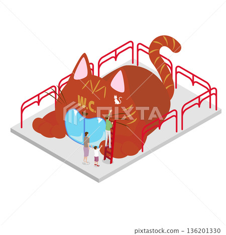 Isometric illustration of a unique public toilet pavilion in the shape of a cat 136201330