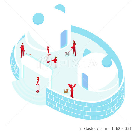 Isometric snowy town and igloo illustration (winter, tourism, ice dome) 136201331