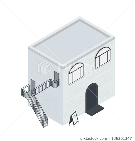 等距白色外牆咖啡館插圖（商店、室外樓梯、現代風格） 136201347