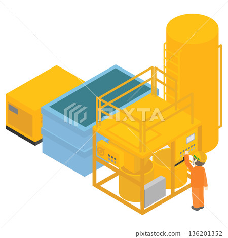 Isometric illustration of a worker operating a control panel in a factory plant Isometric illustration of a worker operating a control panel in a factory plant 136201352