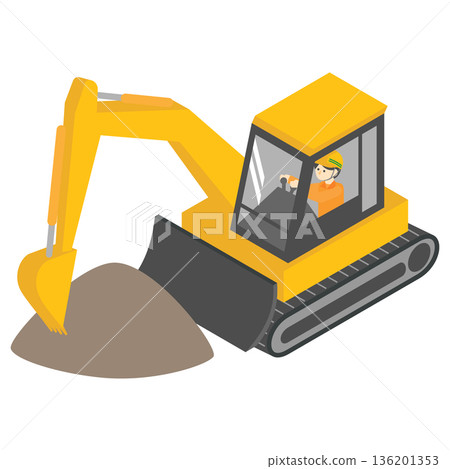 等距插圖，描繪了工人和建築重型機械用挖土機挖土的場景。 136201353