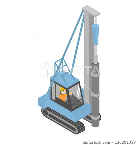 Isometric illustration of earth drill excavator and female operator for foundation construction Isometric illustration of earth drill excavator and female operator for foundation construction 136201357