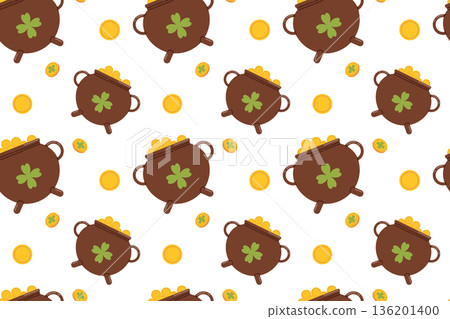 Seamless festive St. Patrick's Day pattern featuring a pot of gold. Symbols of good luck for this Irish holiday include shamrocks, rainbows, gold coins. Flat illustration 136201400