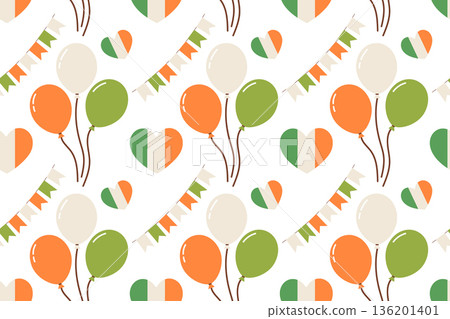Seamless festive pattern with Irish flags and colorful balloons. Garlands in green, white, and orange. Simple flat illustration. 136201401