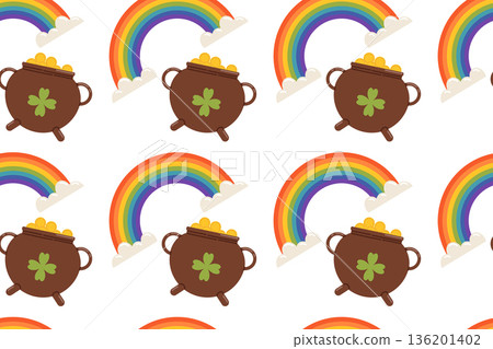 Seamless festive St. Patrick's Day pattern with a pot of gold and a rainbow. Symbols of good luck for this Irish holiday include shamrocks, rainbows, gold coins. Flat illustration 136201402