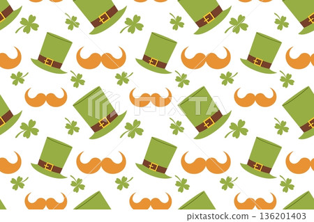 Seamless festive St. Patrick's Day pattern with a green hat and shamrocks. Symbols of good luck for this Irish holiday include shamrocks, rainbows, gold coins. Flat illustration Seamless festive St. Patrick's Day pattern with a green hat and shamrocks. Symbols of good luck for this Irish holiday include shamrocks, rainbows, gold coins. Flat illustration 136201403