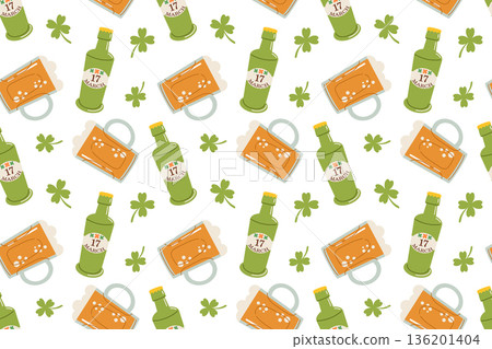 Seamless festive St. Patrick's Day pattern featuring a beer mug and bottle. Symbols of good luck for this Irish holiday include shamrocks, rainbows, gold coins. Flat illustration 136201404