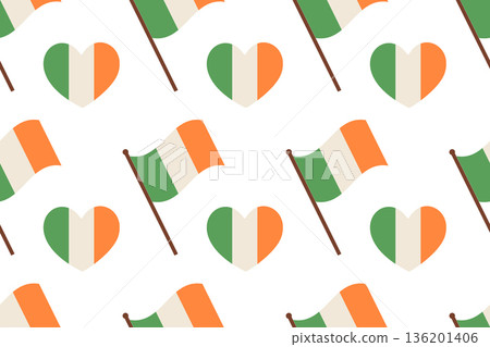 Seamless festive pattern with Irish flags and a heart in the flag's colors. Simple flat illustration. 136201406
