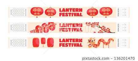 Entry pass wristband set for Chinese Lantern Festival with lanterns, dragon and plum blossom 136201470