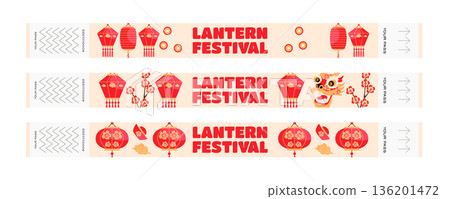 Set of entry pass wristbands for Chinese Lantern Festival with Chinese lanterns, coins, money, dragon, headwear, clouds and plum blossom meihua 136201472