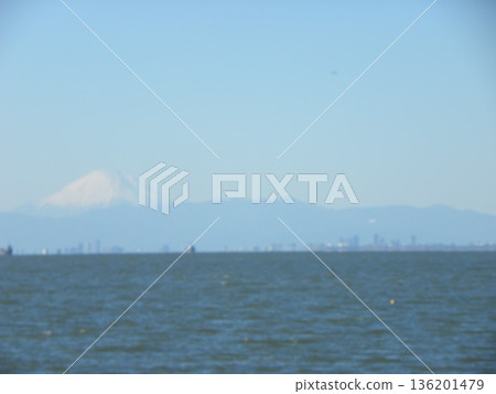 從白雪覆蓋的稻毛海岸眺望富士山 從白雪覆蓋的稻毛海岸眺望富士山 136201479