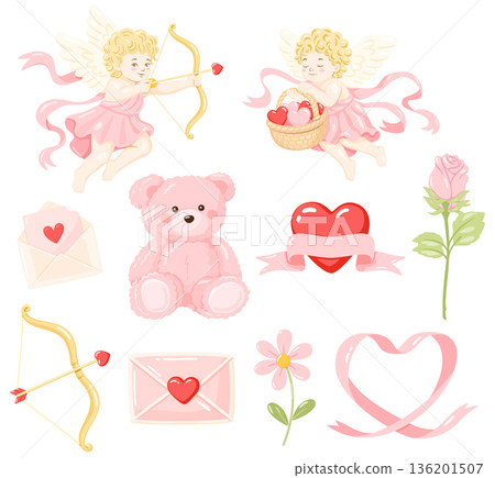 Cute Valentine Cupid Clipart Set, Angel, Bear, Heart Love Elements Cute Valentine Cupid Clipart Set, Angel, Bear, Heart Love Elements 136201507