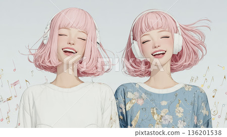 Emi Series: Twin girls enjoying music: Pink bob and smiling headphones girl, refreshing music illustration 136201538