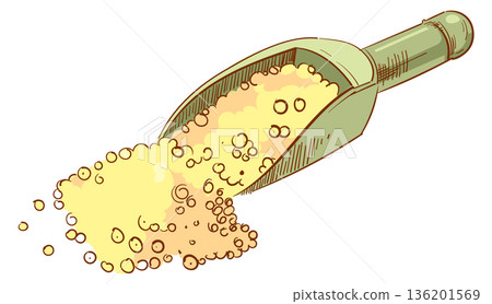 A scoop of yellow powder is poured out of a green bottle 136201569