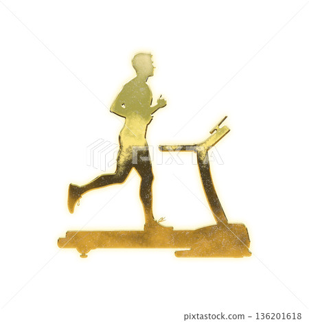 Golden man running on a treadmill, Alpha channel 136201618