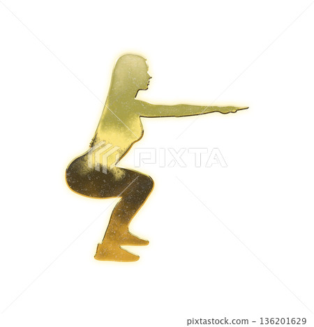 Golden woman doing squats with arms outstretched, Alpha channel 136201629