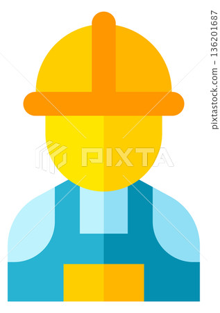 A man in a yellow helmet and blue overalls 136201687