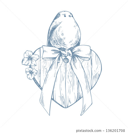 A bird perched on a wooden heart decorated with a bow and cute flowers. A hand-drawn monochrome ink illustration in line art style. An elegant composition with a titmouse for postcards. A bird perched on a wooden heart decorated with a bow and cute flowers. A hand-drawn monochrome ink illustration in line art style. An elegant composition with a titmouse for postcards. 136201708