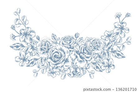 A large half-wreath bouquet of roses, apple blossoms, and eucalyptus branches. A hand-drawn monochrome ink illustration in line art style. A floral arrangement perfect for spring holidays and weddings A large half-wreath bouquet of roses, apple blossoms, and eucalyptus branches. A hand-drawn monochrome ink illustration in line art style. A floral arrangement perfect for spring holidays and weddings 136201710