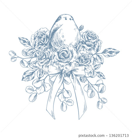 A bird perches on a bouquet of roses and eucalyptus adorned with a bow. This hand-drawn, monochrome, line-art graphic illustration is in ink. A floral arrangement perfect for spring holidays, weddings 136201713