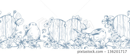 Birds and butterflies among flowers and wooden hearts. Hand-drawn ink graphic illustration, monochrome line art style. Seamless border pattern for spring holidays and weddings. Birds and butterflies among flowers and wooden hearts. Hand-drawn ink graphic illustration, monochrome line art style. Seamless border pattern for spring holidays and weddings. 136201717