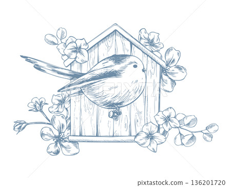 A bird on a birdhouse decorated with apple blossoms and hydrangea. A hand-drawn monochrome ink illustration in line art style. A composition for spring holidays and weddings. A bird on a birdhouse decorated with apple blossoms and hydrangea. A hand-drawn monochrome ink illustration in line art style. A composition for spring holidays and weddings. 136201720