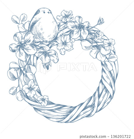 A bird perched on a wicker wreath with apple blossom branches. Hand-drawn ink graphic illustration, monochrome, line art style. Round frame, template for holiday and wedding text design. A bird perched on a wicker wreath with apple blossom branches. Hand-drawn ink graphic illustration, monochrome, line art style. Round frame, template for holiday and wedding text design. 136201722
