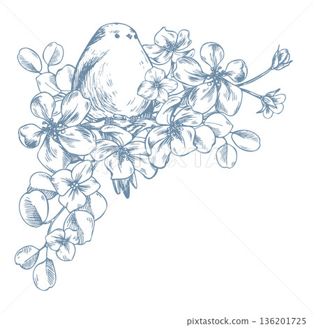 A bird perched on the branches of a blossoming apple tree. A titmouse in a bouquet of flowers. A hand-drawn graphic illustration in ink, monochrome, in line art style. For spring holiday designs. A bird perched on the branches of a blossoming apple tree. A titmouse in a bouquet of flowers. A hand-drawn graphic illustration in ink, monochrome, in line art style. For spring holiday designs. 136201725