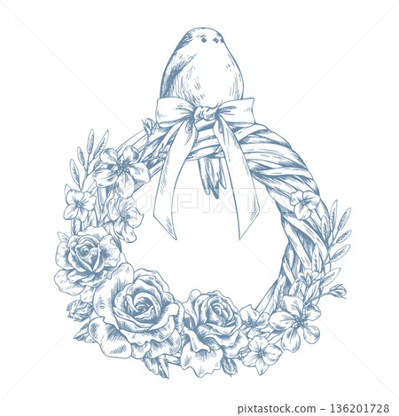 A bird perched on a woven wreath decorated with flowers and roses, a bow, and apple blossoms. Hand-drawn ink graphic illustration, monochrome, line art style. Perfect for spring holidays and weddings A bird perched on a woven wreath decorated with flowers and roses, a bow, and apple blossoms. Hand-drawn ink graphic illustration, monochrome, line art style. Perfect for spring holidays and weddings 136201728