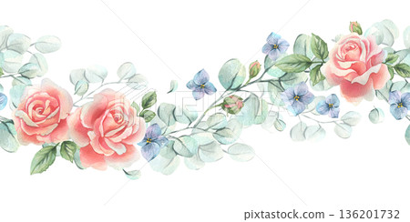 A floral garland of eucalyptus branches with roses and forget-me-nots in soft pastel shades. Hand-painted watercolor illustration. A seamless wave border pattern for spring holiday and wedding designs A floral garland of eucalyptus branches with roses and forget-me-nots in soft pastel shades. Hand-painted watercolor illustration. A seamless wave border pattern for spring holiday and wedding designs 136201732