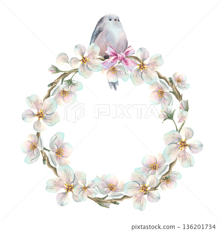 A wreath of apple blossom branches with white flowers, a titmouse, and a pink bow. Hand-drawn watercolor illustration. A round frame with text template is a design for spring holidays and weddings. 136201734