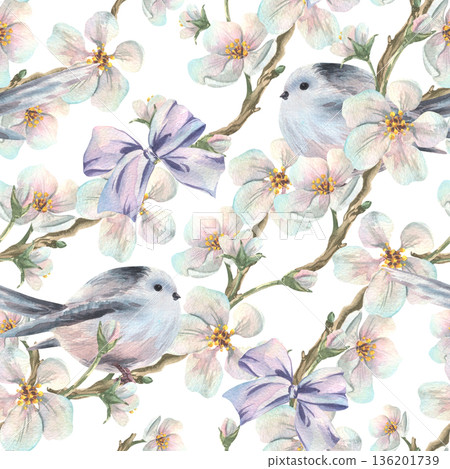 A seamless watercolor pattern with spring apple blossoms, a cute titmouse, a purple bow. A delicate floral design perfect for Easter, Mother's, Valentine's Day, and weddings. Hand-drawn illustration. A seamless watercolor pattern with spring apple blossoms, a cute titmouse, a purple bow. A delicate floral design perfect for Easter, Mother's, Valentine's Day, and weddings. Hand-drawn illustration. 136201739
