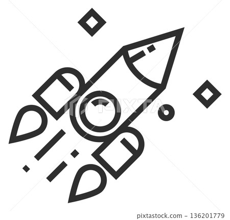 A rocket is flying through space with a black and white design 136201779