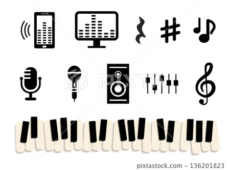 music. microphone. speaker. headphone. telephone. melody. record. musical notes, blue on white background. Signs of musical notation. music. microphone. speaker. headphone. telephone. melody. record. musical notes, blue on white background. Signs of musical notation. 136201823