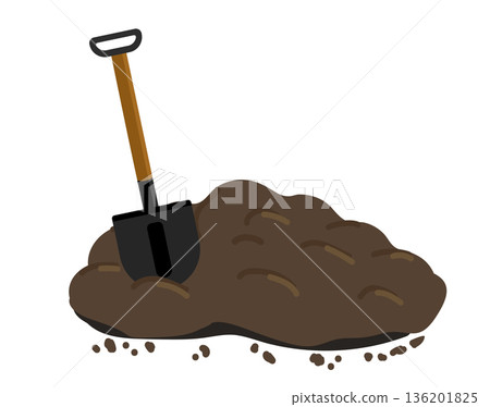 Shovels in a pile of ground. Heap of substrate, humus, fertilizer, compost. Hill of earth or dirt. Bunch of manure. Zero waste. Stock vector. Pile of ground. Vector illustration in flat style 136201825
