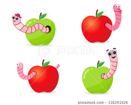 Red and green apple with worms. Worm is a cartoon character coming out of an apple. Concept of knowledge and learning. Isolated vector illustration in flat style. 136201826